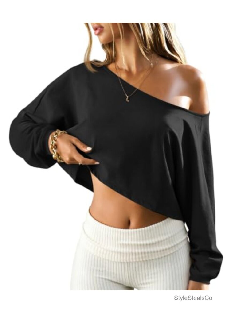 Off Shoulder Crop Top Batwing Long Sleeve Asymmetrical Neck Y2K Going Out Shirt
